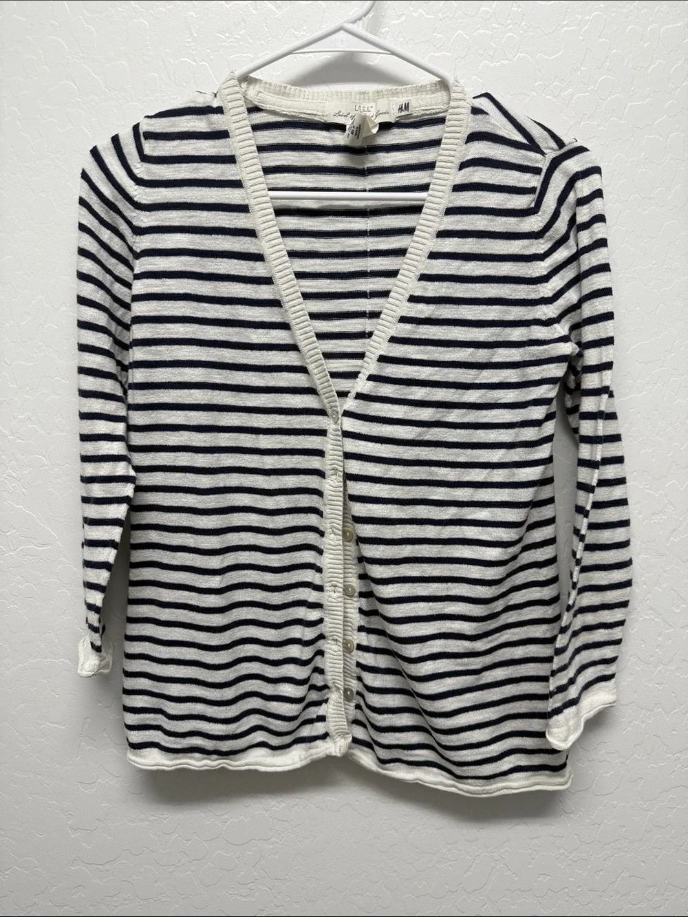 H&M Cream & Black Striped V-Neck Button Cardigan